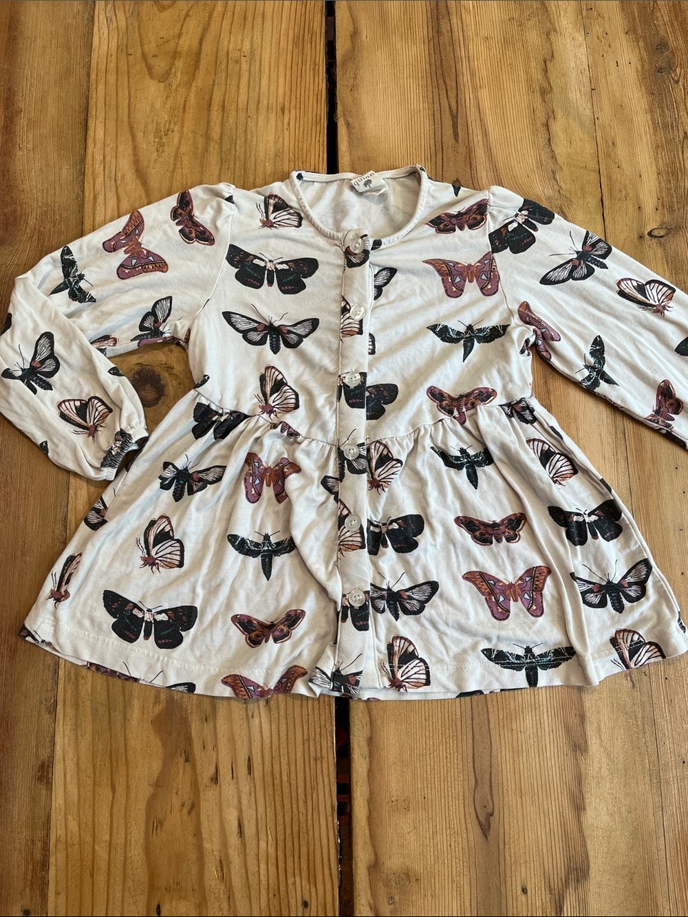 KATE QUINN 3T Butterfly Printed Blouse Elastic Cuff Bamboo Blend Button Up